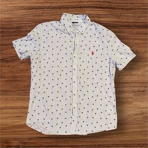 US Polo Assn. Short Sleeve Button Down Blue White Stripes Palm Trees Mens Size L
